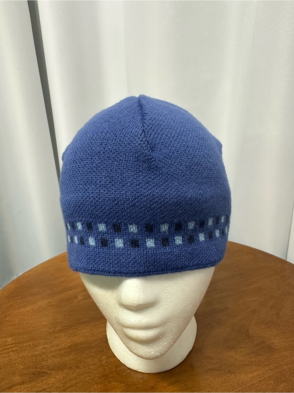 Patagonia Blue purple wool blend Knit Beanie with Check Accent Womens